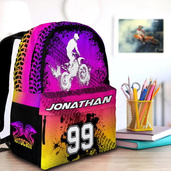 Motocross Violet Pink Yellow Personalized Premium Kids Backpack, Back To School Gift Ideas, Custom Backpack for Kids, Dirt Bike, Motocross Backpack for Kids, School LTT0713C02SA