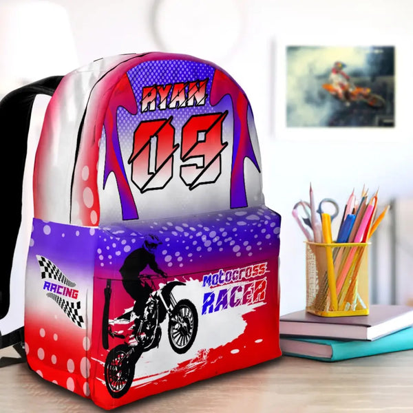 Motocross Racing Red-White-Blue Personalized Premium Kids Backpack, Back To School Gift Ideas, Custom Backpack Kids, Dirt Bike, Motocross Backpack for Kids, School LTT0713C01HV