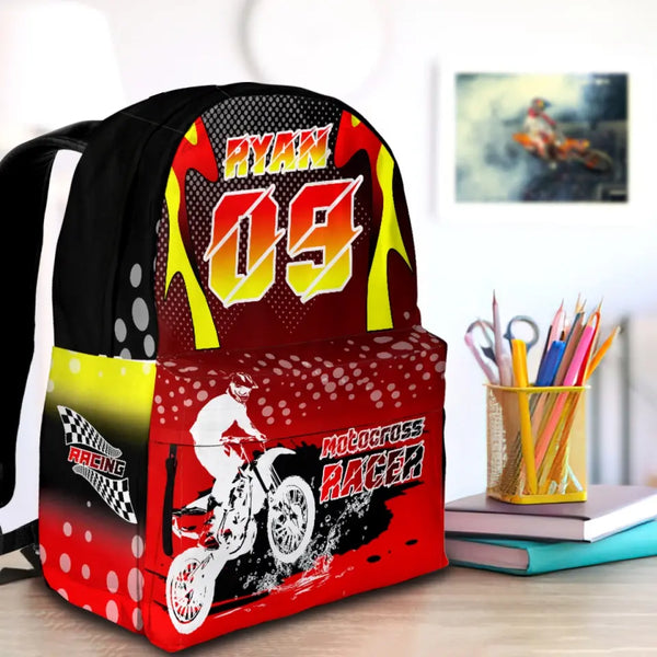 Motocross Racing Red-Yellow-Black Personalized Premium Kids Backpack, Back To School Gift Ideas, Custom Backpack Kids, Dirt Bike, Motocross Backpack for Kids, School LTT0713C01HV