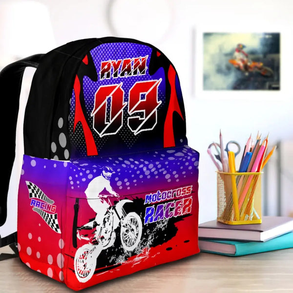 Motocross Racing Red-Blue-Black Personalized Premium Kids Backpack, Back To School Gift Ideas, Custom Backpack Kids, Dirt Bike, Motocross Backpack for Kids, School LTT0713C01HV