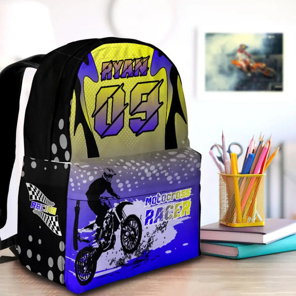 Motocross Racing Blue-Yellow-Black Personalized Premium Kids Backpack, Back To School Gift Ideas, Custom Backpack Kids, Dirt Bike, Motocross Backpack for Kids, School LTT0713C01HV