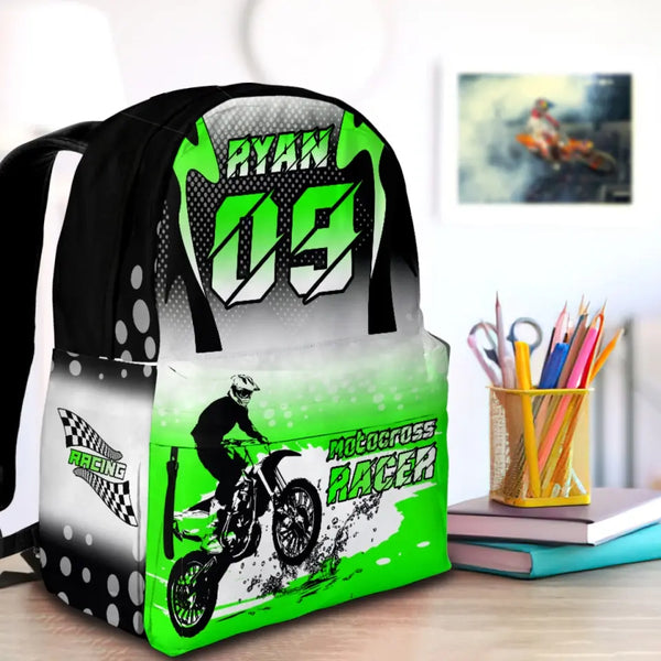 Motocross Racing Green-White-Black Personalized Premium Kids Backpack, Back To School Gift Ideas, Custom Backpack Kids, Dirt Bike, Motocross Backpack for Kids, School LTT0713C01HV