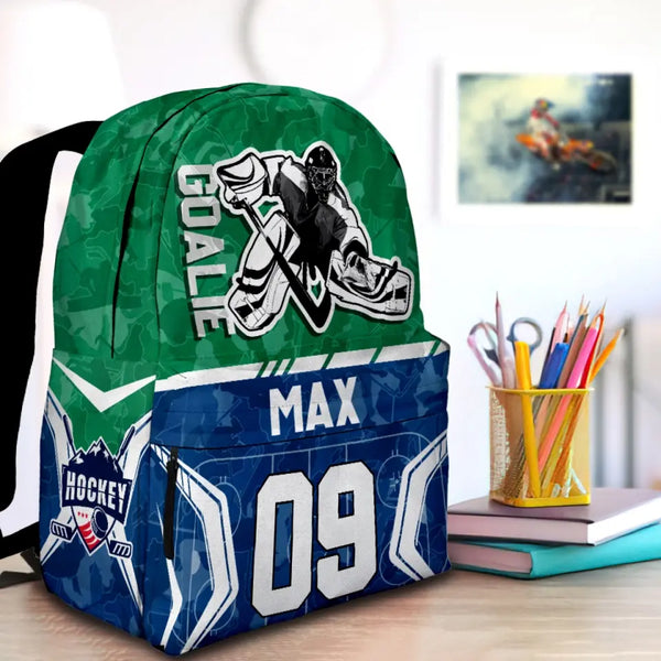Ice Hockey Goalie Green-Blue Personalized Premium Kids Backpack, Back To School Gift Ideas, Custom Backpack Kids, Ice Hockey Backpack for Kids, School  LTT0719C01DP