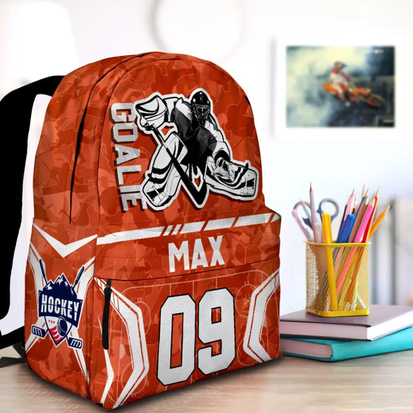 Ice Hockey Goalie Orange-Blue Personalized Premium Kids Backpack, Back To School Gift Ideas, Custom Backpack Kids, Ice Hockey Backpack for Kids, School  LTT0719C01DP