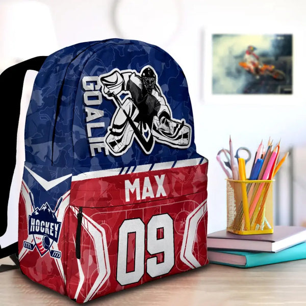 Ice Hockey Goalie Red-Blue Personalized Premium Kids Backpack, Back To School Gift Ideas, Custom Backpack Kids, Ice Hockey Backpack for Kids, School  LTT0719C01DP