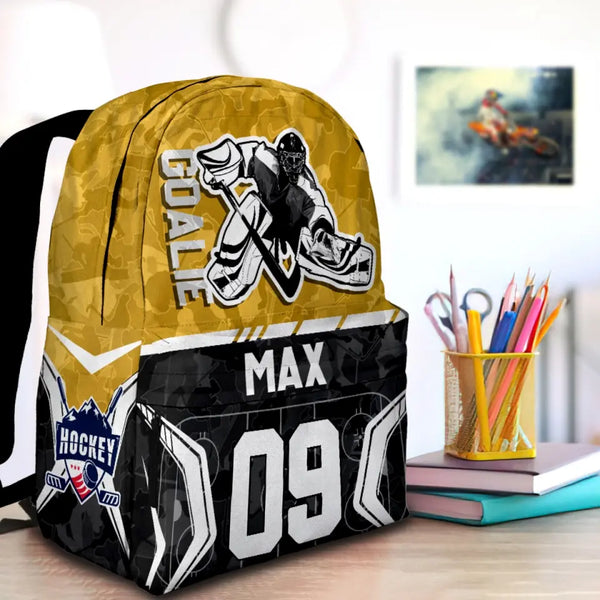 Ice Hockey Goalie Yellow-Black Personalized Premium Kids Backpack, Back To School Gift Ideas, Custom Backpack Kids, Ice Hockey Backpack for Kids, School  LTT0719C01DP