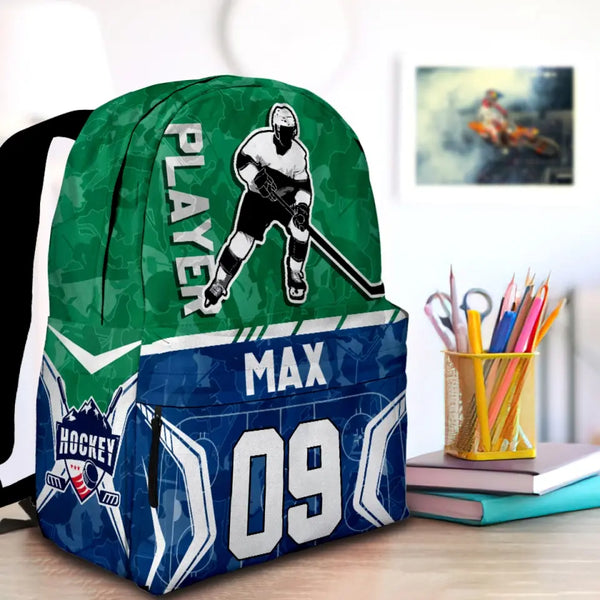 Ice Hockey Player Green-Blue Personalized Premium Kids Backpack, Back To School Gift Ideas, Custom Backpack for Kids, Ice Hockey Backpack for Kids, School  LTT0719C03DP