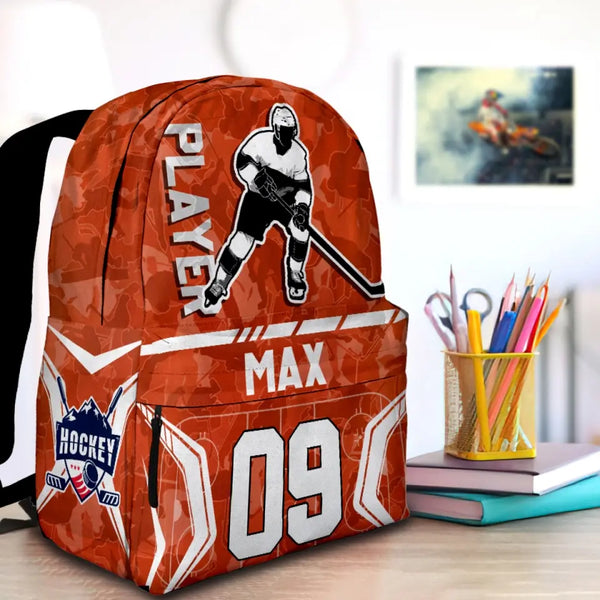 Ice Hockey Player Orange-Blue Personalized Premium Kids Backpack, Back To School Gift Ideas, Custom Backpack for Kids, Ice Hockey Backpack for Kids, School  LTT0719C03DP