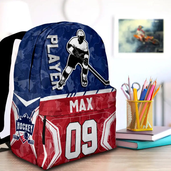 Ice Hockey Player Red-Blue Personalized Premium Kids Backpack, Back To School Gift Ideas, Custom Backpack for Kids, Ice Hockey Backpack for Kids, School  LTT0719C03DP