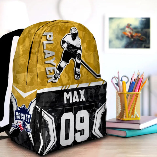 Ice Hockey Player Yellow-Black Personalized Premium Kids Backpack, Back To School Gift Ideas, Custom Backpack for Kids, Ice Hockey Backpack for Kids, School  LTT0719C03DP