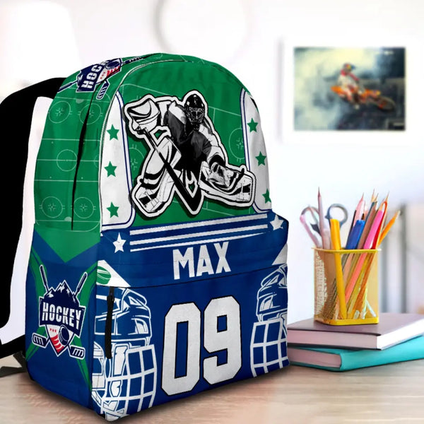 Ice Hockey Goalie Green-Blue Personalized Premium Kids Backpack, Back To School Gift Ideas, Custom Backpack Kids, Ice Hockey Backpack for Kids, School  LTT0721C01DP