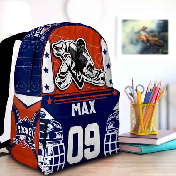 Ice Hockey Goalie Orange-Blue Personalized  Personalized Premium Kids Backpack, Back To School Gift Ideas, Custom Backpack Kids, Ice Hockey Backpack for Kids, School  LTT0721C01DP