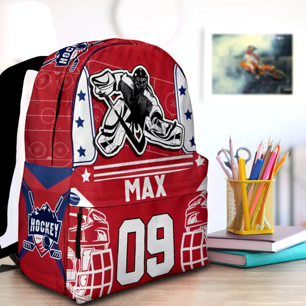 Ice Hockey Goalie Red-Blue Personalized Premium Kids Backpack, Back To School Gift Ideas, Custom Backpack Kids, Ice Hockey Backpack for Kids, School  LTT0721C01DP