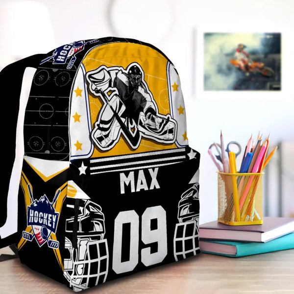 Ice Hockey Goalie Yellow-Black Personalized Premium Kids Backpack, Back To School Gift Ideas, Custom Backpack Kids, Ice Hockey Backpack for Kids, School  LTT0721C01DP
