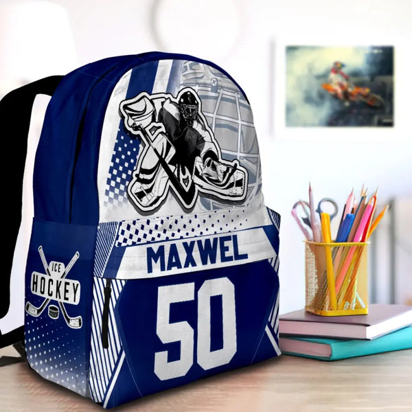 Ice Hockey Cool Goalie Blue-White Personalized Premium Kids Backpack, Back To School Gift Ideas, Custom Backpack for Kids, Ice Hockey Backpack, School  LTT0722C01DP