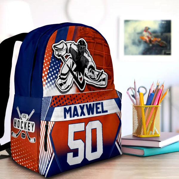 Ice Hockey Cool Goalie Orange-Blue Personalized Premium Kids Backpack, Back To School Gift Ideas, Custom Backpack for Kids, Ice Hockey Backpack, School  LTT0722C01DP