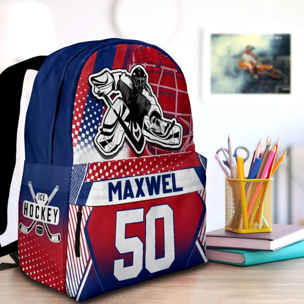 Ice Hockey Cool Goalie Red-Blue Personalized Premium Kids Backpack, Back To School Gift Ideas, Custom Backpack for Kids, Ice Hockey Backpack, School  LTT0722C01DP