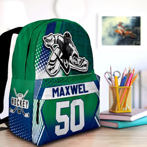 Ice Hockey Cool Goalie Green-Blue Personalized Premium Kids Backpack, Back To School Gift Ideas, Custom Backpack for Kids, Ice Hockey Backpack, School  LTT0722C01DP