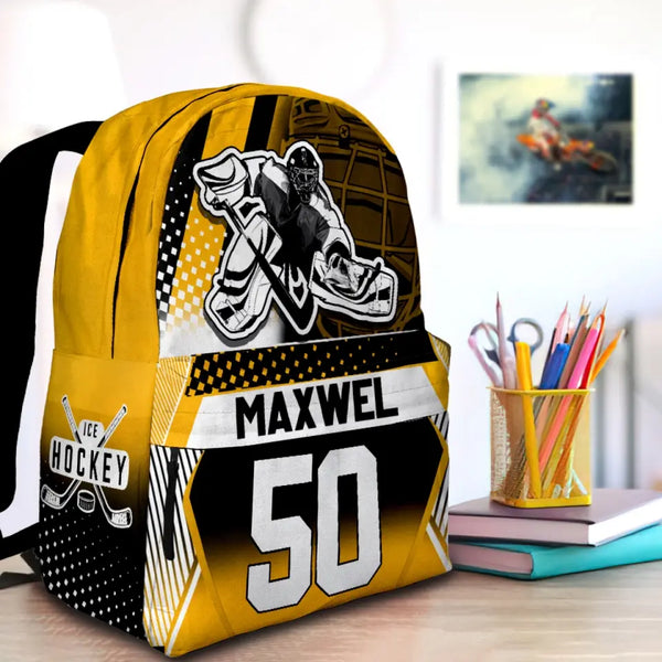 Ice Hockey Cool Goalie Yellow-Black Personalized Premium Kids Backpack, Back To School Gift Ideas, Custom Backpack for Kids, Ice Hockey Backpack, School  LTT0722C01DP