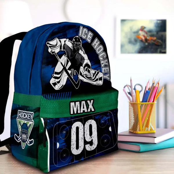 Ice Hockey Player Green Blue Personalized Premium Kids Backpack, Back To School Gift Ideas, Custom Backpack for Kids, Ice Hockey Backpack for Kids, School  LTT0721C03HV