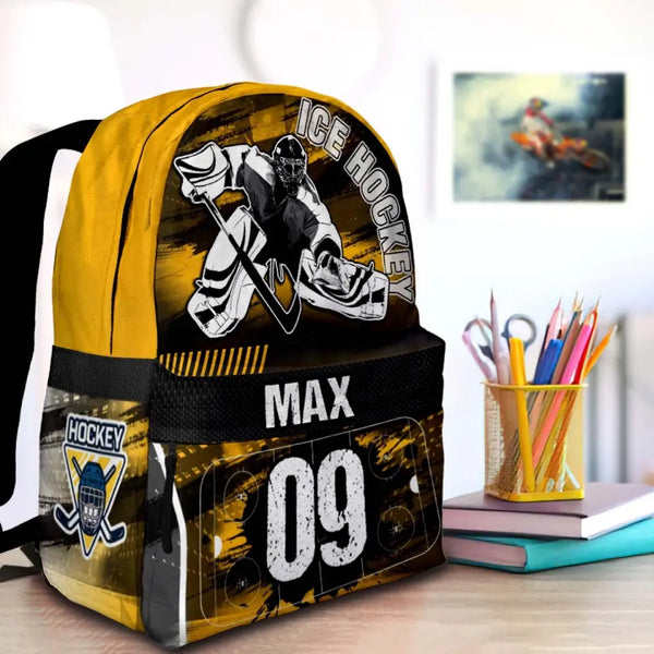 Ice Hockey Player Yellow Black Personalized Premium Kids Backpack, Back To School Gift Ideas, Custom Backpack for Kids, Ice Hockey Backpack for Kids, School  LTT0721C03HV