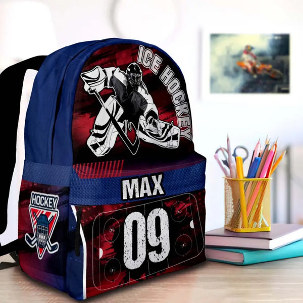Ice Hockey Player Red Blue Personalized Premium Kids Backpack, Back To School Gift Ideas, Custom Backpack for Kids, Ice Hockey Backpack for Kids, School  LTT0721C03HV
