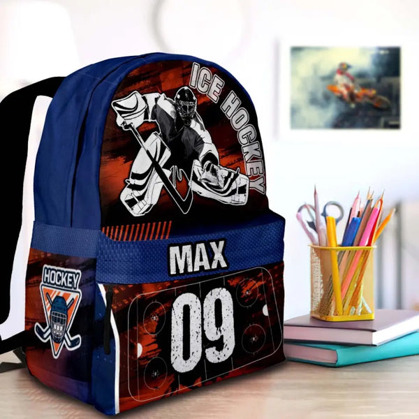 Ice Hockey Player Orange Blue Personalized Premium Kids Backpack, Back To School Gift Ideas, Custom Backpack for Kids, Ice Hockey Backpack for Kids, School  LTT0721C03HV