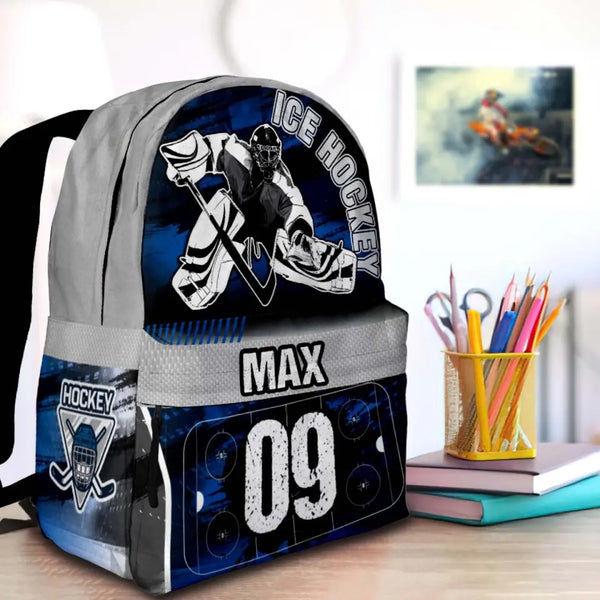 Ice Hockey Player Blue White Personalized Premium Kids Backpack, Back To School Gift Ideas, Custom Backpack for Kids, Ice Hockey Backpack for Kids, School  LTT0721C03HV