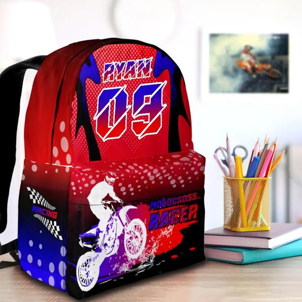 Motocross Racing Blue-Red-Black Personalized Premium Kids Backpack, Back To School Gift Ideas, Custom Backpack Kids, Dirt Bike, Motocross Backpack for Kids, School LTT0713C01HV