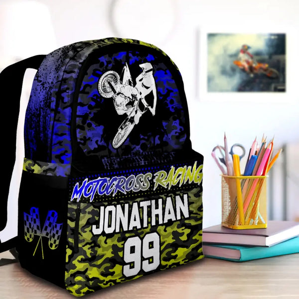 Motocross Blue Yellow Black Personalized Premium Kids Backpack, Back To School Gift Ideas, Custom Backpack Kids, Dirt Bike, Backpack for Kids, School LTT0715C01SA