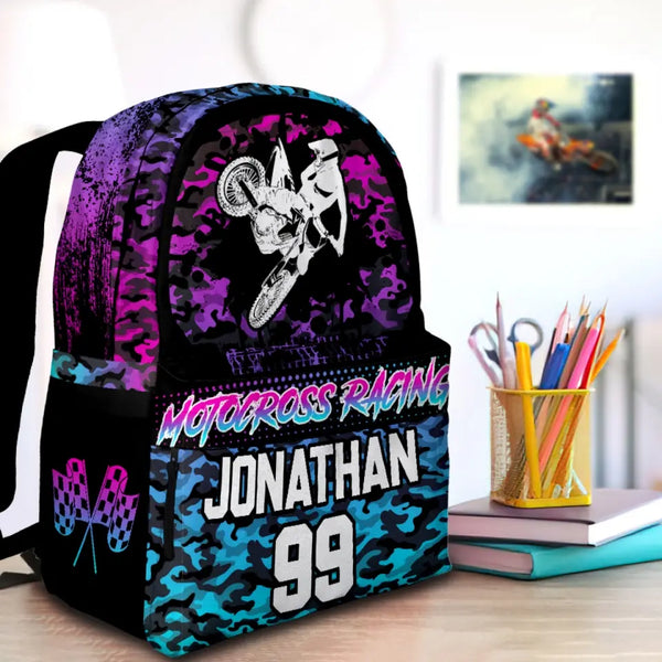 Motocross Cyan Black Pink Personalized Premium Kids Backpack, Back To School Gift Ideas, Custom Backpack Kids, Dirt Bike, Backpack for Kids, School LTT0715C01SA