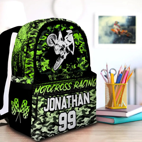 Motocross Green Black White Personalized Premium Kids Backpack, Back To School Gift Ideas, Custom Backpack Kids, Dirt Bike, Backpack for Kids, School LTT0715C01SA