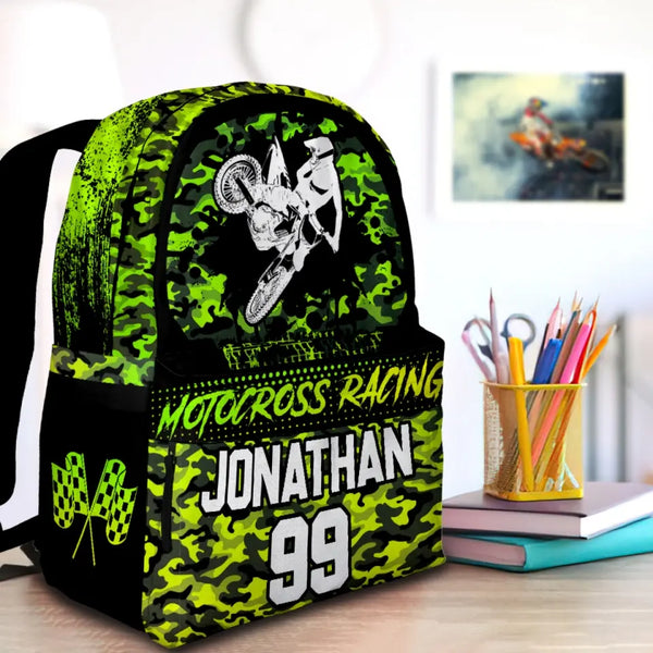 Motocross Green Black Yellow Personalized Premium Kids Backpack, Back To School Gift Ideas, Custom Backpack Kids, Dirt Bike, Backpack for Kids, School LTT0715C01SA
