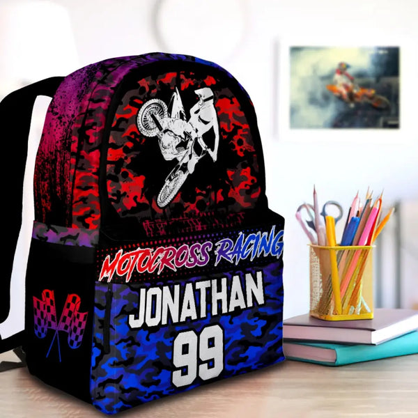 Motocross Red Blue Black Personalized Premium Kids Backpack, Back To School Gift Ideas, Custom Backpack Kids, Dirt Bike, Backpack for Kids, School LTT0715C01SA