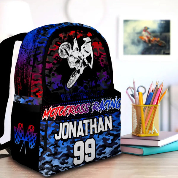 Motocross Red Blue White Personalized Premium Kids Backpack, Back To School Gift Ideas, Custom Backpack Kids, Dirt Bike, Backpack for Kids, School LTT0715C01SA