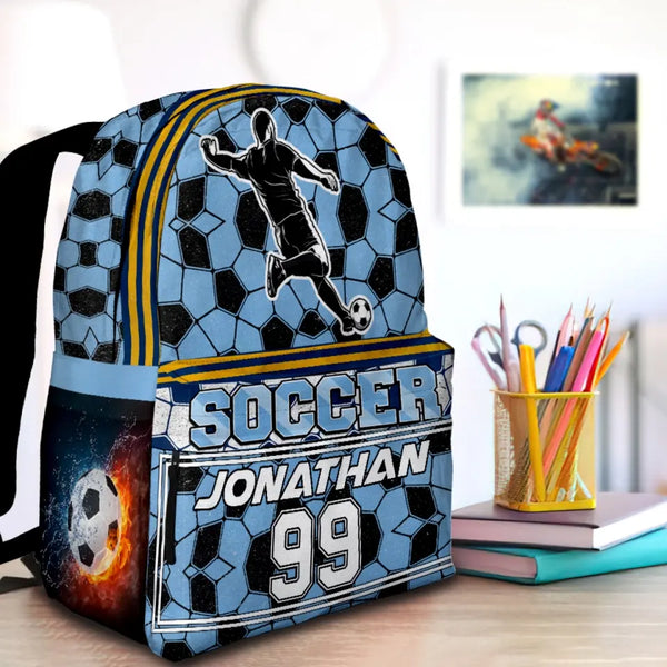 Soccer Player Blue White Yellow Personalized Premium Kids Backpack, Back To School Gift Ideas, Custom Soccer Backpack Kids, Soccer Backpack for Kids, School LTT0717C02SA