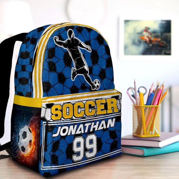 Soccer Player White Blue Yellow Personalized Premium Kids Backpack, Back To School Gift Ideas, Custom Soccer Backpack Kids, Soccer Backpack for Kids, School LTT0717C02SA