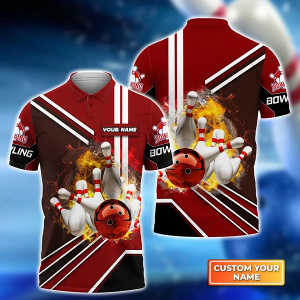 Red Bowling Ball On Fire Crashing Pins Personalized Name 3D Polo Shirt HVTM06