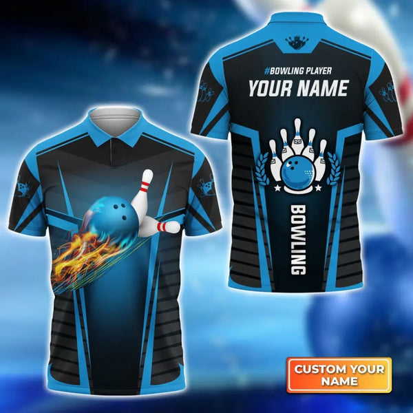 The Blue Bowling Ball in Flames Breaks White Skittles Personalized Name 3D Polo Shirt HVTM01