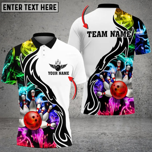 Bowling And Pins Multicolor Smoke Pattern Customized Name 3D Shirt HVTM09