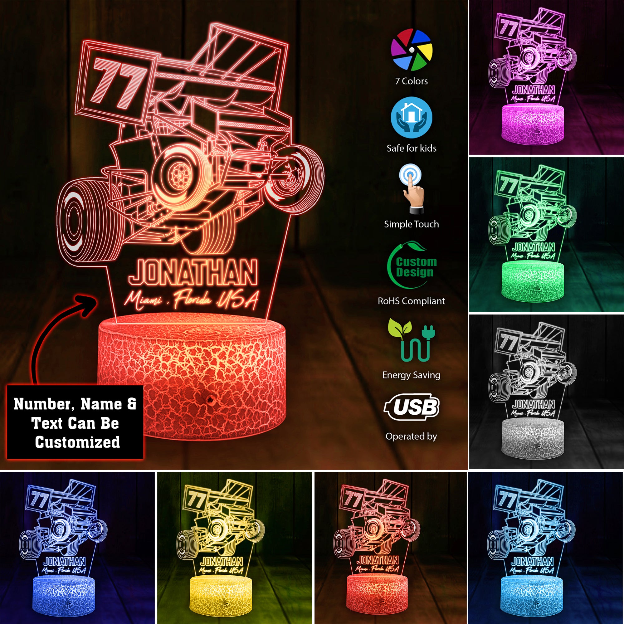 Sprint Car Racing Personalized 7 Colors Touching Change 3D Led Light T ...